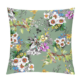 Personality   Seamless Pattern With Beautiful Colorful Flowers And Birds Pillow Covers