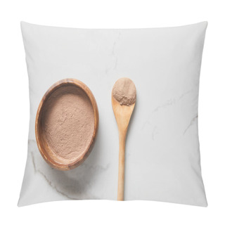Personality  Top View Of Clay Powder In Bowl And Spoon On Marble Table  Pillow Covers