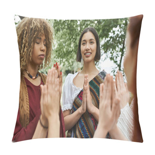 Personality  Positive Young Woman In Boho Clothes Meditating Near Multiethnic Friends Outdoors In Retreat Center Pillow Covers