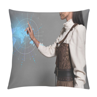 Personality  Cropped View Of Steampunk Young Woman Pointing With Finger At Digital Map Illustration Pillow Covers