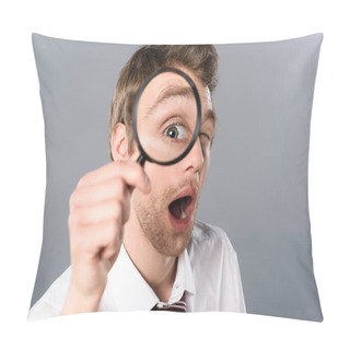 Personality  Shocked Businessman With Funny Face Expression Looking In Magnifier On Grey Background Pillow Covers