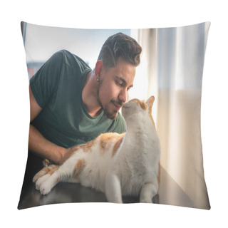 Personality  White And Brown Cat Turns Back To Smell A Young Man Lying Next To Him, Under The Window Pillow Covers