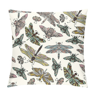 Personality  Seamless Vector Hand Drawn Pattern With Fantasy Butterflies, Dragonflies, Beetles, Bugs And Mothes. Pillow Covers