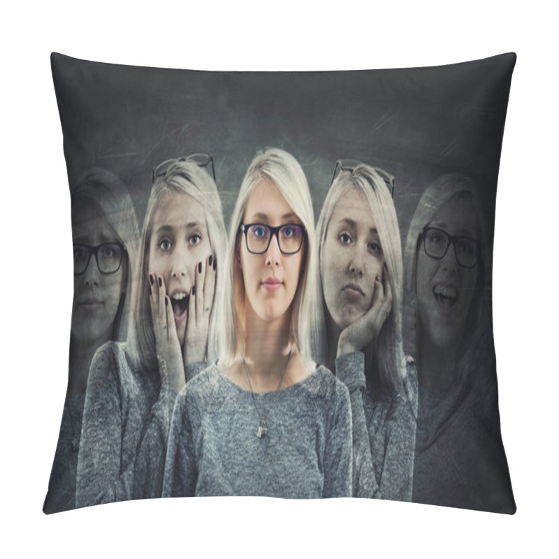 Personality  Young woman suffer split emotions into five different inner personalities. Multipolar mental health disorder concept. Schizophrenia psychiatric disease. Face expressions and reactions mood change. pillow covers
