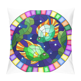 Personality  Illustration In Stained Glass Style With A Pair Bright Fishes On The Background Of Water And Algae,oval Picture In A Bright Frame Pillow Covers
