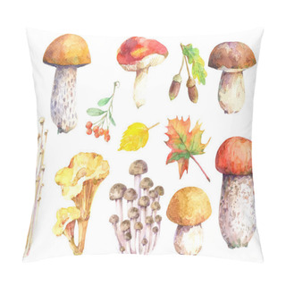 Personality  Set Of Edible Mushrooms - Birch Bolete, Russula, Honey Mushroom, Champignon, Chanterelle, Enoki, Tricholoma, Porcini And Autumn Elements. Watercolor Hand Drawn Illustration. Pillow Covers