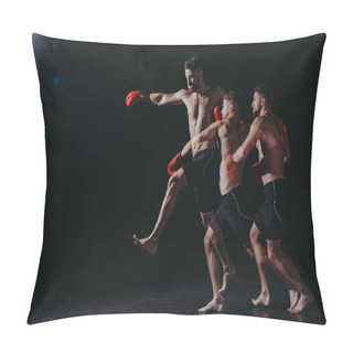 Personality  Multiple Exposure Of Strong Shirtless Muscular Mma Fighter In Boxing Gloves Doing Punch In Jump Pillow Covers
