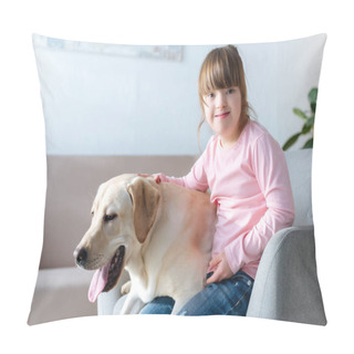 Personality  Kid With Down Syndrome And Labrador Retriever Sitting In Chair Pillow Covers