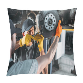 Personality  Professional Engineers Repairing Car Without Wheel In Mechanic Shop Pillow Covers