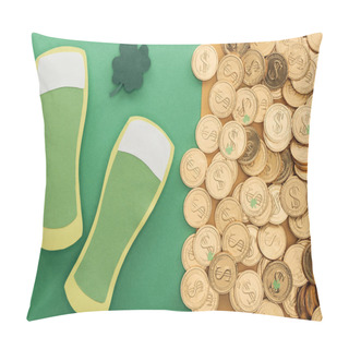 Personality  Top View Of Golden Coins With Dollar Signs, Shamrock And Paper Beer Glasses, St Patrick Day Concept Pillow Covers