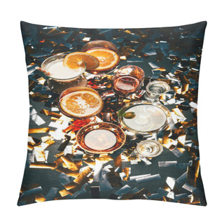 Personality  Flat Lay With Various Alcoholic Cocktails And Party Horns On Table Covered By Golden Confetti  Pillow Covers