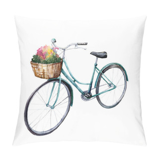 Personality  Watercolor Card With Blue Bicycle With Basket And Flowers. Hand Painted Summer Illustration Isolated On White Background. For Design, Prints Or Background. Pillow Covers