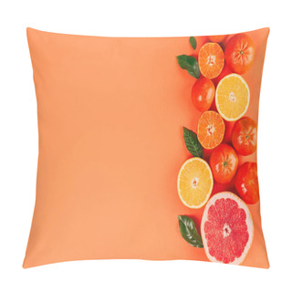 Personality  Border With Fresh Ripe Mandarins, Grapefruit And Oranges With Green Leaves On Orange Background. Pillow Covers