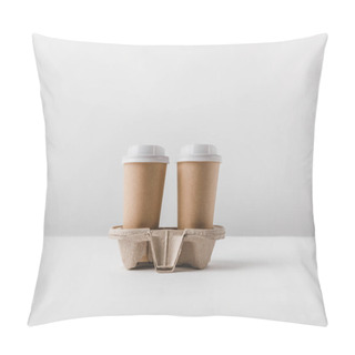 Personality  Two Coffee In Paper Cups In Cardboard Tray On Tabletop Pillow Covers