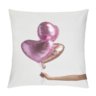 Personality  Partial View Of Girl Holding Heart-shaped Pink Air Balloons Isolated On White Pillow Covers