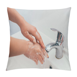 Personality  Cropped View Of Girl Washing Hands With Soap Foam On Quarantine Pillow Covers