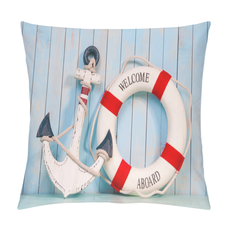 Personality  Anchor and life buoy on a background of white shabby wall boards. pillow covers