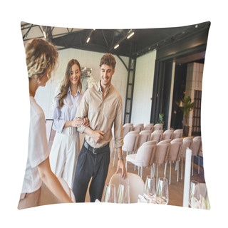 Personality  Pleased Couple Looking At Table With Festive Setting Near Event Manager In Modern Banquet Hall Pillow Covers