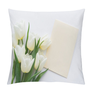 Personality  Top View Of Bouquet With Tulips Near Envelope On White Background  Pillow Covers