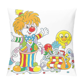 Personality  Friendly Smiling Circus Clown In A Colorful Suit With His Toys In A Suitcase, A  Vector Illustration In A Cartoon Style Pillow Covers