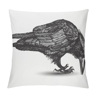 Personality  Black Raven Bird, Hand-drawing. Vector Illustration. Pillow Covers