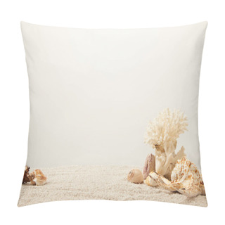 Personality  Close Up View Of Arranged Coral And Seashells On Sand On Grey Backdrop Pillow Covers