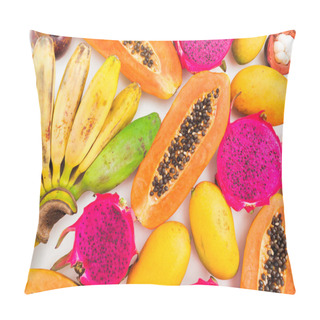 Personality  Food Pattern Of Banana, Papaya, Mango And Dragon Fruits On White Background. Flat Lay. Top View. Tropical Fruit Concept Pillow Covers