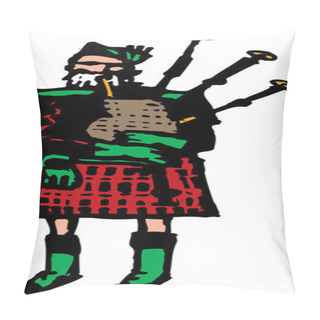 Personality  Woodcut Illustration Of Scottish Man In Kilt Playing Bagpipe Pillow Covers