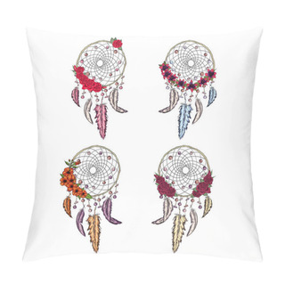 Personality  Hand Drawn Illustration Of Dream Catcher Setwith Flowers, Native American Poster Pillow Covers