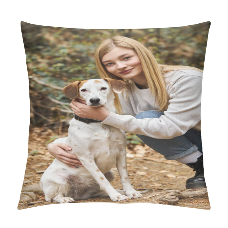 Personality  Cheerful Woman Loving And Hugging Gently Her Dog And Looking At Camera While Walking In Woods Pillow Covers