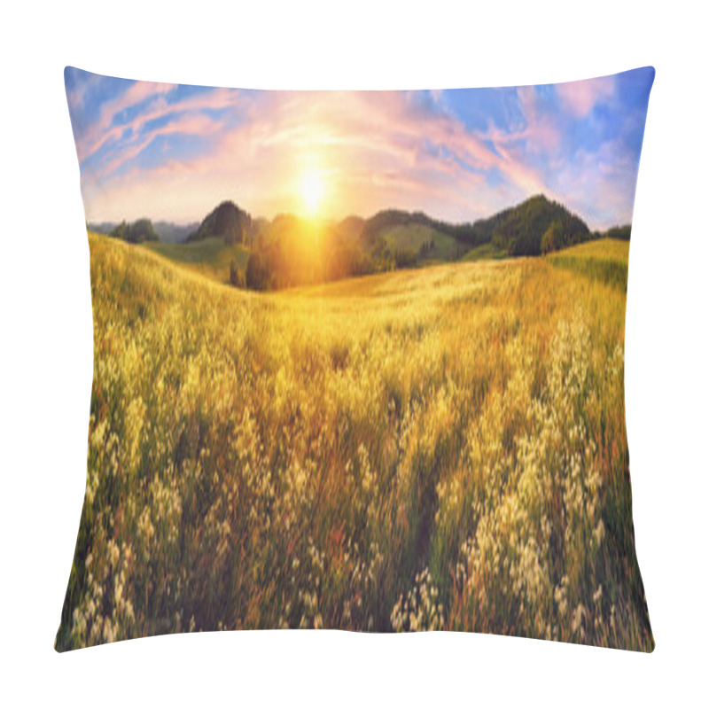 Personality  Panorama of a colorful sunset on beautiful meadow pillow covers