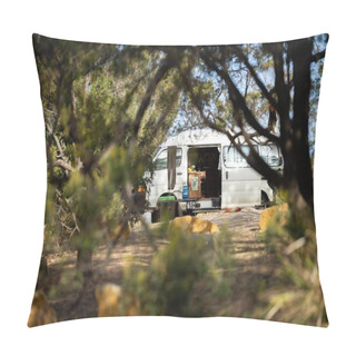 Personality  Camping In And Van And Tent In A Park In Nature In Summer. Off Grid Camping  In A Camper Trailer, On A Holiday Adventure In NSW, Australia Pillow Covers