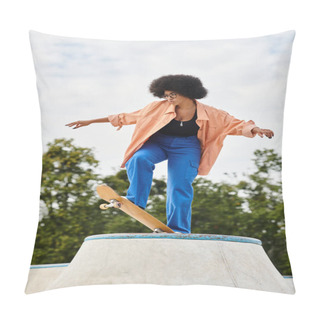 Personality  A Young African American Woman With Curly Hair Rides A Skateboard On Top Of A Cement Ramp In An Outdoor Skate Park. Pillow Covers