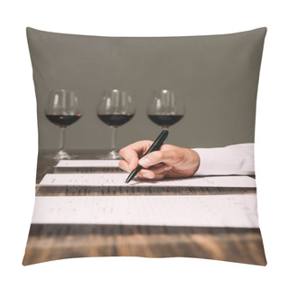 Personality  Cropped View Of Sommelier Writing In Documents At Table With Wine Glasses Pillow Covers