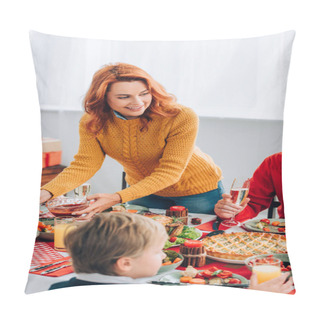 Personality  Selective Focus Of Redhead Woman Serving Sauce At Festive Table Near Family Pillow Covers