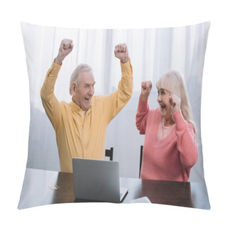 Personality  Happy Senior Couple In Colorful Clothes Sitting At Table With Laptop And Cheering With Hands In Air Pillow Covers