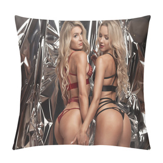 Personality  Fashion Portrait Of Two Beautiful Female Models Posing In Lingerie On Silver Background Pillow Covers