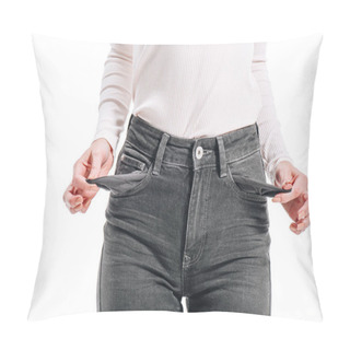 Personality  Cropped Image Of Woman Showing Empty Pockets Isolated On White Pillow Covers