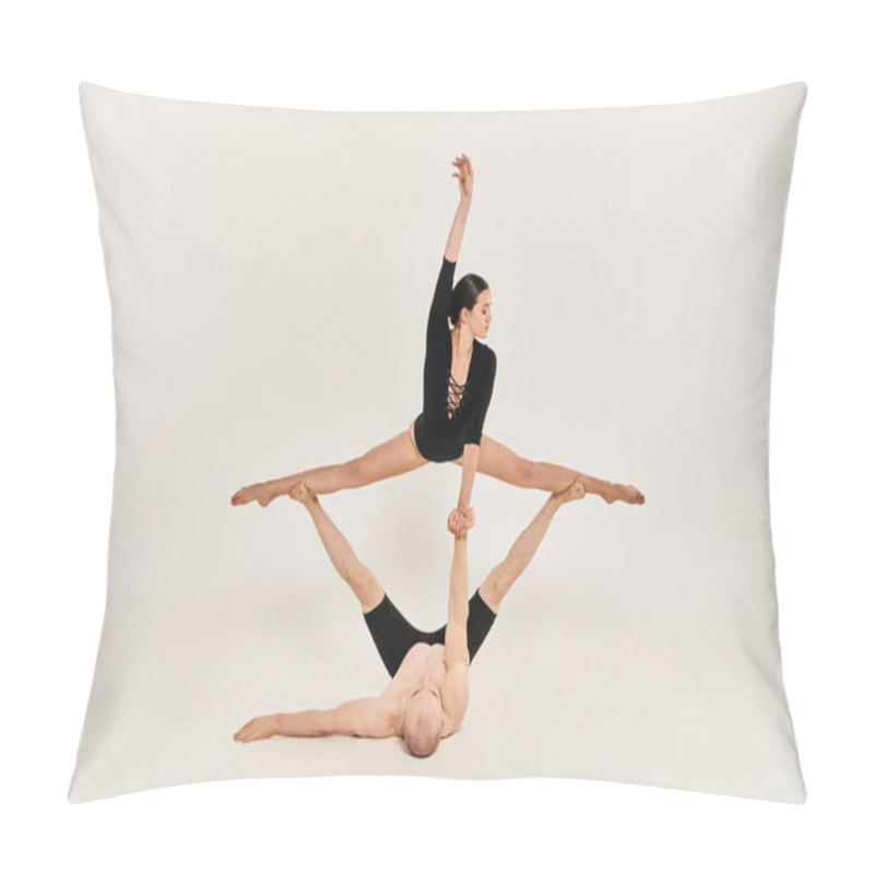 Personality  A Shirtless Young Man And A Woman Gracefully Perform Acrobatic Moves While Suspended In The Air In A Studio Setting. Pillow Covers