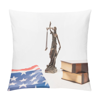 Personality  Statuette Of Justice Near American Flag And Books Isolated On White Pillow Covers