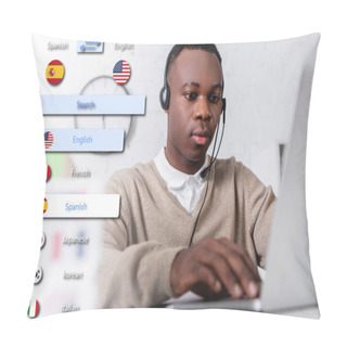 Personality  Young African American Interpreter In Headset Typing On Laptop On Blurred Foreground, Illustration Of Translation App Interface Pillow Covers