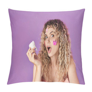 Personality  Portrait Of Amazed Blonde Woman With Face Stickers Holding Baby Tooth And Looking Shocked At Camera Pillow Covers
