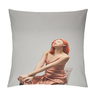 Personality  Asian Woman With Closed Eyes Sitting On Chair In Silk Slip Dress On Grey Background, Serenity Pillow Covers