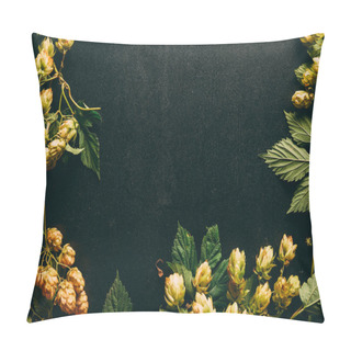 Personality  Flat Lay With Hops And Green Leaves On Black Surface Pillow Covers