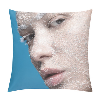 Personality  Portrait Of Girl With Pale Skin And Sugar Snow On Her Face. Creative Art Beauty Fashion. Pillow Covers