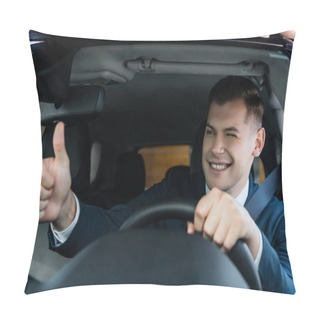 Personality  Smiling Businessman Winking And Showing Like Gesture While Driving Car On Blurred Foreground Pillow Covers