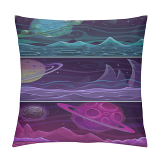 Personality  Set Of Three Colorful Space Landscapes. Vector Alien Planet Scene. Pillow Covers