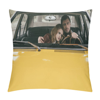 Personality  Handsome Young Man Driving Car And Embracing Beautiful Pensive Girlfriend Pillow Covers