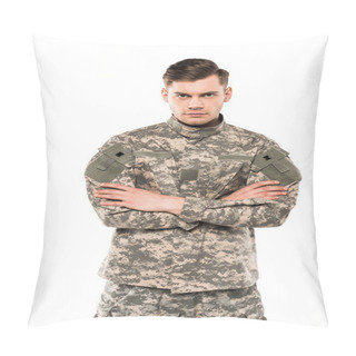 Personality  Serious Soldier In Uniform Standing With Crossed Arms Isolated On White  Pillow Covers
