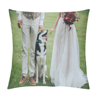 Personality  Bride And Groom Standing With Dog Pillow Covers